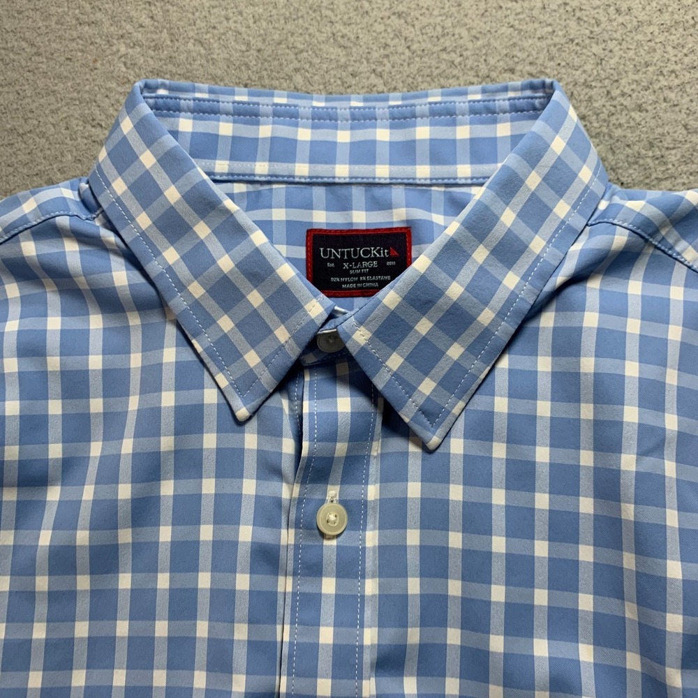 UNTUCKit Shirt Mens Size XL Button Up Plaid Extra Large Slim Fit Nylon Blue* - Picture 6 of 8